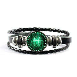 Dark Green Leather Cord Triple Layer Multi-strand Bracelet, Luminous Glow in the Dark Alloy Constellation Beaded Bracelet, Pisces, Dark Green, 7-1/8 inch(18cm)