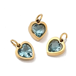 Cadet Blue Vacuum Plating 304 Stainless Steel Pendants, with Cubic Zirconia and Jump Rings, Single Stone Charms, Heart, Golden, Cadet Blue, 9x8x3mm, Hole: 3.6mm
