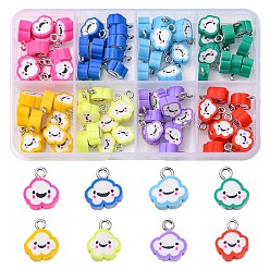 Mixed Color 80Pcs 8 Colors Handmade Polymer Clay Charms, with Platinum Plated Iron Loop, Cloud with Smile, Mixed Color, 11~14x9~11.5x4mm, Hole: 1.8mm, 10pcs/color