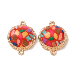 Red Printed Alloy Enamel Connector Charms, Mosaic Half Round Links, Rack Plating, Golden, Red, 22x18x6.5mm, Hole: 1.2mm