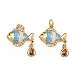 Небесно-голубой Латунные микро проложить кубического циркония подвески, рыбы прелести, с эмалью, стойки покрытие, без свинца и без кадмия, долговечный, с целью перехода в кольце, реальный 18 k позолоченный, голубой, 13x16x3 мм, отверстие : 3 мм