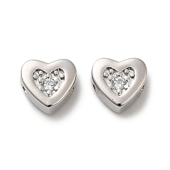 Clear Real Platinum Plated Brass Beads, with Glass, Heart, Clear, 7x7.5x3.5mm, Hole: 1mm