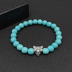 Leopard Synthetic Turquoise Stretch Bracelets for Women Men, with Tibetan Style Animals Alloy Beads, Leopard, No Size