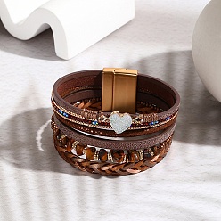 Coconut Brown PU Leather Mulit-strand Bracelets with Chips Beaded, with Magnetic Clasp, Coconut Brown, 7-5/8 inch(19.5cm)