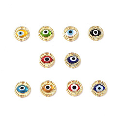 Mixed Color Handmade Lampwork Evil Eye Pendants, with Real 18K Gold Plated Brass Findings, Lead Free & Cadmium free, Flat Round Charm, Mixed Color, 14.5x4mm, Hole: 1mm