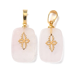 Розовый Кварц Природного розового кварца подвески, с латунной фурнитурой и 304 кабошонами из нержавеющей стали, золотые, прямоугольник с цветочным узором подвески, 23~23.5x13~13.5x3.5~4 мм, отверстие : 7.5x4 мм