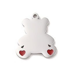 Stainless Steel Color 304 Stainless Steel Pendants, with Enamel, Bear with Heart Charm, Stainless Steel Color, 18x16x1.5mm, Hole: 1.4mm