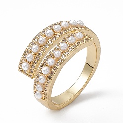 Real 18K Gold Plated Clear Cubic Zirconia Open Cuff Ring with Plastic Imitation Pearl Beaded, Rack Plating Brass Jewelry for Women, Cadmium Free & Lead Free, Real 18K Gold Plated, US Size 7 3/4(17.9mm)