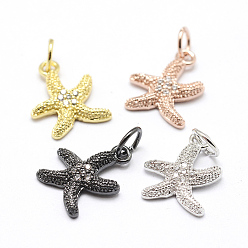 Mixed Color Brass Micro Pave Grade AAA Cubic Zirconia Pendants, Starfish/Sea Stars, Lead Free & Nickel Free & Cadmium Free, Mixed Color, 13x10.5x2mm, Hole: 3.5mm