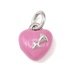 Темно-Розовый Латунь эмаль прелести, Сердце с розой, с целью перехода в кольце, без кадмия и без свинца, стойки покрытие, долговечный, платина, темно-розовыми, 9.5x8x4 мм, отверстие : 3 мм