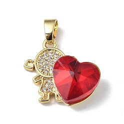 Red Real 18K Gold Plated Rack Plating Brass Micro Pave Clear Cubic Zirconia Pendants, with Glass, Long-Lasting Plated, Cadmium Free & Lead Free, Girl with Heart Charm, Red, 20.8x17x8mm, Hole: 6x3mm