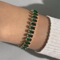 Green Light Gold Alloy Chain Bracelet, Glass Tennis Bracelet, Green, Inner Diameter: 2-1/8 inch(5.5cm)