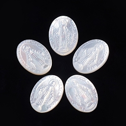 White Shell Natural White Shell Cabochons, Religion, Oval with Miraculous Medal, 13.5x10x2.5mm