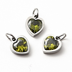 Olive Drab 304 Stainless Steel Pendants, with Cubic Zirconia and Jump Rings, Single Stone Charms, Heart, Stainless Steel Color, Olive Drab, 9x8x3mm, Hole: 3.6mm