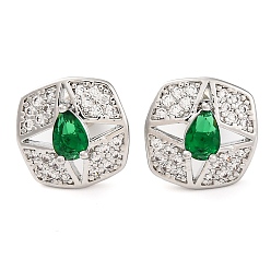 Зеленый Квадратные серьги-гвоздики с кубическим цирконием из латуни для женщин, платина, зелёные, 13x13 мм