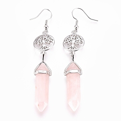 Rose Quartz Pointed Bullet Natural Rose Quartz Dangle Earrings, with Brass Earring Hooks and Flat Round with Tree of Life Links, Platinum, 76mm, Pin: 0.7mm