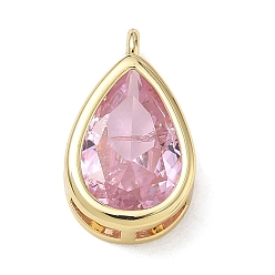 Pink Latón pavimenta colgantes de circonio cúbico, encantos de lágrima, encantos de una sola piedra, larga duración plateado, chapado en rack, sin plomo y el cadmio, real 18 k chapado en oro, rosa, 17x10x5 mm, agujero: 1.6 mm