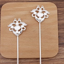 Silver Lotus Alloy Hair Sticks Findings, Cabochons Settings, with Iron Sticks and Loop, Silver, 120x35mm, Tray: 7x9mm