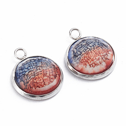 Colorful Printed Resin Pendants, with 304 Stainlesss Steel Settings, Half Round, Faceted, Sea Coral Pattern, Stainless Steel Color, Colorful, 19.5x16x4.5mm, Hole: 2.4mm