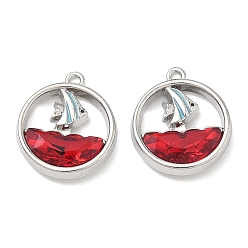 Красный Сплав стекла подвески, плоская круглая форма с подвесками в виде парусников, стойки покрытие, без кадмия, без никеля и без свинца, платина, красные, 18x15.5~16x4~4.5 мм, отверстие : 1.2~1.4 мм