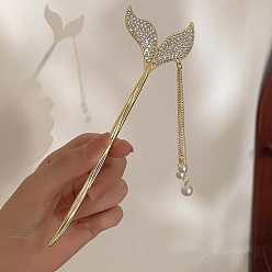 Golden fully studded diamond fishtail hairpin Заколка-кисточка с хвостом русалки, жемчугом и стразами для прически ханьфу