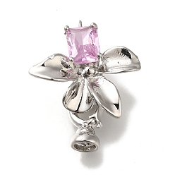 Platinum Brass Fold Over Clasps, Micro Pave Pink Cubic Zirconia, Cadmium Free & Nickel Free & Lead Free, Flower, Platinum, 33mm