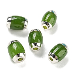 Dark Olive Green Imitation Jade Glass Beads, with Platinum Tone Brass Ends, Oval, Dark Olive Green, 14x10mm, Hole: 2.8mm