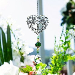 Dark Green Alloy Heart with Tree of Life Pendant Decorations, Hanging Suncatchers, with Glass Teardrop Charm, Dark Green, 350mm