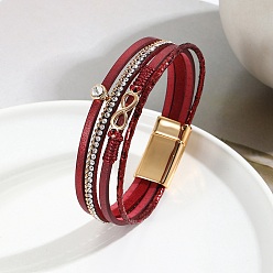 Red Infinity Link PU Leather Multi-strand Bracelets, with Magnetic Clasp, Red, 8-1/8 inch(20.5cm)