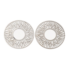 Platinum Long-Lasting Plated Brass Filigree Joiners, Etched Metal Embellishments, Flat Round with Sun, Platinum, 30x0.3mm