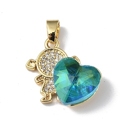 Light Sea Green Real 18K Gold Plated Rack Plating Brass Micro Pave Clear Cubic Zirconia Pendants, with Glass, Long-Lasting Plated, Cadmium Free & Lead Free, Girl with Heart Charm, Light Sea Green, 20.8x17x8mm, Hole: 6x3mm