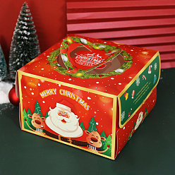Red Individual Kraft Paper Tall Cake Boxes, Bakery Single Cake Packing Box, Square with Clear Window and Handle Suitable for 8 Inch Cake, Christmas Themed Pattern, 258x258x170mm