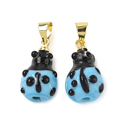 Светло-Голубой Подвески лэмпворк ручной работы, коровка, с реечной накладкой из латуни с золотистым напылением, долговечный, Небесно-голубой, 17x9x6.5 мм, отверстие : 4.5x4 мм