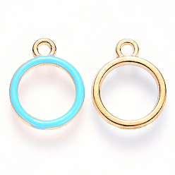 Sky Blue Alloy Enamel Pendants, Round Ring, Light Gold, Sky Blue, 16x13x2mm, Hole: 1.8mm