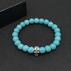 Skull Synthetic Turquoise Stretch Bracelets for Women Men, with Tibetan Style Animals Alloy Beads, Skull, No Size