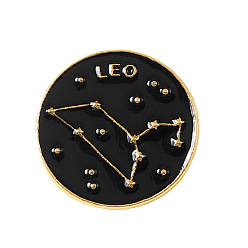 Leo Black Constellations Word Enamel Pin, Gold Plated Alloy Flat Round Badge for Backpack Clothes, Leo, 20mm