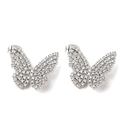 Platinum Butterfly Rack Plating Brass Stud Earrings, with Clear Cubic Zirconia, Lead Free & Cadmium Free, Platinum, 24x23.5mm