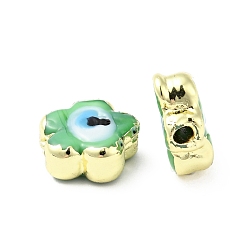 Light Green Handmade Evil Eye Lampwork Beads, with Brass Findings, Cadmium Free & Lead Free, Flower, Light Green, 12x11.5x5.5mm, Hole: 1.8mm