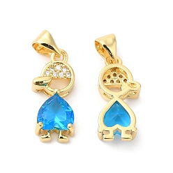 Sky Blue Real 16K Gold Plated Brass Micro Pave Cubic Zirconia Pendants, with Glass, Boy Charms, Sky Blue, 18.5x8x4.5mm, Hole: 5x3.5mm
