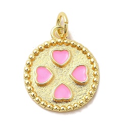 Pink Латунь эмаль подвески, плоские круглые с подвесками в виде сердечек и соединительными кольцами, без свинца и без кадмия, долговечный, стойки покрытие, реальный 18 k позолоченный, розовые, 17.5x15x2 мм, отверстие : 3.4 мм