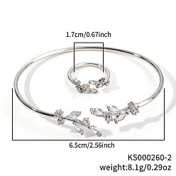 Прозрачный Модные комплекты из латунных браслетов и колец с кубическим цирконием в форме листьев для повседневной носки, платина, прозрачные