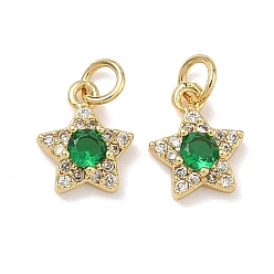 Лайм Латунные микро проложить кубического циркония подвески, звезды прелести, без свинца и без кадмия, стойки покрытие, долговечный, реальный 18 k позолоченный, желто-зеленые, 9x7.5x3 мм, Перейти кольцо: 4x0.8 мм, внутренний диаметр: 2.5 мм