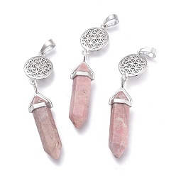 Rhodochrosite Natural Rhodochrosite Pointed Big Pendants, with Platinum Plated Brass Findings, Faceted, Bullet & Flower of Life, 59~67x14~15mm, Hole: 7x5mm