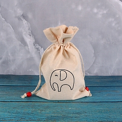 Elephant Printed Rectangle Cotton Storage Bags, Drawstring Pouches Packaging Bag, Elephant, 23x15cm