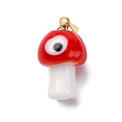 Красный Подвески лэмпворк ручной работы, гриб с глазом, с реечной накладкой из латуни с золотистым напылением, долговечный, золотые, красные, 19~21x11~13 мм, отверстие : 4.5x3.5 мм
