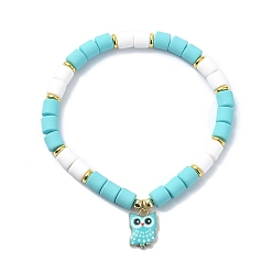 Medium Turquoise Polymer Clay Column Beaded Stretch Bracelets, with Alloy Owl Charms, Medium Turquoise, Inner Diameter: 2-1/4 inch(5.7cm)