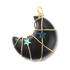 Obsidian Natural Obsidian Copper Wire Wrapped Pendants, with Electroplate Non-magnetic Star Synthetic Hematite, Golden, Moon, 41~43x35x11mm, Hole: 3~3.5mm