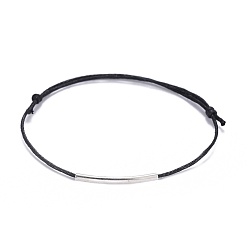 Black Adjustable Waxed Cotton Cord Bracelets, with Brass Curved Tube Beads, Silver Color Plated, Black, 9 inch(23~23.5cm)