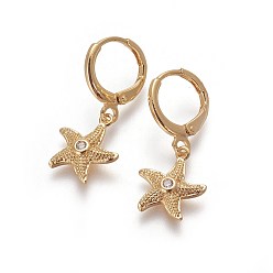 Golden Brass Dangle Hoop Earrings, with Micro Pave Cubic Zirconia, Starfish/Sea Stars, Golden, 26mm, Pin: 1mm