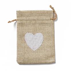 Tan Linen Pouches, Drawstring Bag, Rectangle with White Heart Pattern, Tan, 14x10x0.5cm